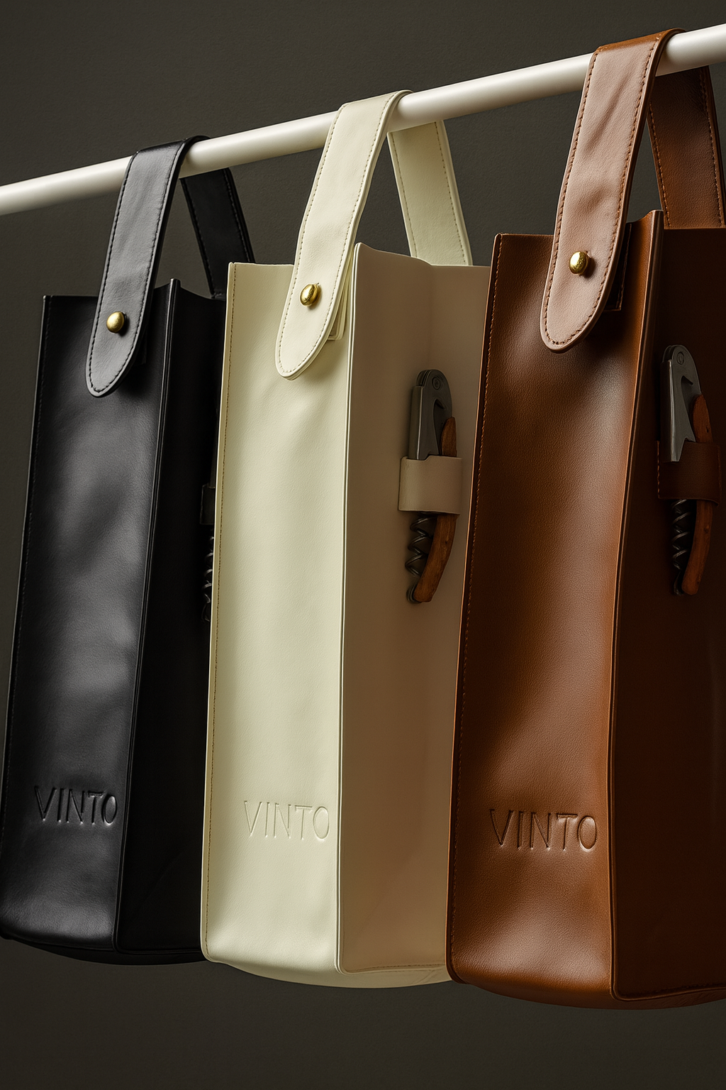 VINTO Weintaschen aus veganem Leder in Schwarz, Ivory und Braun – elegante Weinflaschen-Taschen mit goldenen Details, stilvoll präsentiert auf dunklem Hintergrund.